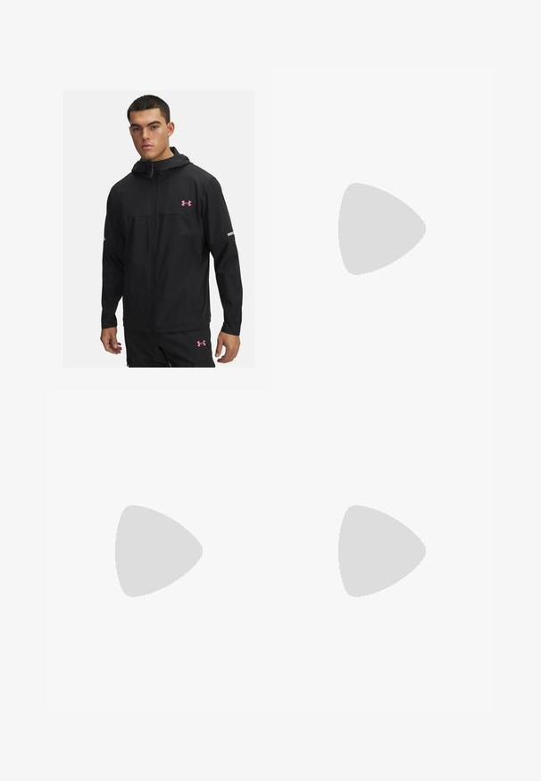 Schwarze leichte Kapuzenjacke mit pinkem Logo, Frontreißverschluss, zwei Seitentaschen und reflektierenden Akzenten an den Ärmeln.; Marineblaue Langarm-Radsport-Jersey mit Reißverschluss vorne, gerippter Struktur und gebrandetem Logo auf der linken Brust. Schlichtes Design mit körperbetonter Passform.; Schwarze Sporthosen aus leichtem Material, mit einem taillierten Design und einem elastischen Bund. Mit einem kleinen Logo auf der Vorderseite akzentuiert.; Schwarzer und grauer Sportschuh mit einem Mesh-Obermaterial, reflektierenden Akzenten und einer weißen Zwischensohle. Verfügt über eine strukturierte Gummisohle und Schnürsenkel.