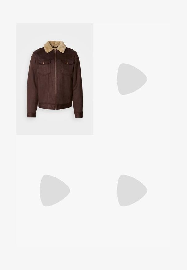 Giacca in suede marrone con colletto in pelliccia beige, chiusura con zip, due tasche sul petto con bottoni a pressione e polsini e orlo a coste.; T-shirt a maniche corte di colore crema con una delicata trama a righe e scollo rotondo, realizzato in tessuto leggero.; Pantaloni corti in lino marrone con vita elastica, chiusura con cordino e orlo arrotolato. Presentano una sottile trama e elementi di design minimal.; Sneaker in suede beige con punta arrotondata, stringhe davanti e un accento testurizzato sul retro. La suola in gomma bianca offre un contrasto. Design semplice e moderno.