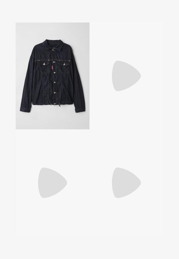 Dark blue denim denim jacket with long sleeves, snap button closure, two chest pockets, and adjustable drawstring hem.; Icecream JUMBO RUNNING DOG - Print T-shirt - black; Light blue denim shorts with a loose fit, featuring a large red graphic of a running animal on the back. Five-pocket design with a button closure.; Black woven slip-on shoe with a smooth leather accent on the upper, a round toe design, and a low-profile rubber sole.