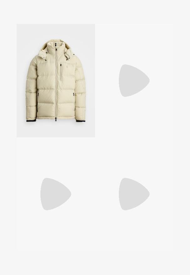 Light beige puffer jacket with a high collar, detachable hood, zippered front, and two side pockets. Features stitched panels and logo detail.; White cotton T-shirt with short sleeves, featuring a black "BOSS" logo centered on the chest and a round neck design.; White, pleated trousers with a tailored fit, featuring a smooth texture, belt loops, and tapered legs. No visible pockets or patterns.; White sneaker made of textured material, featuring a smooth sole, lace-up front, and subtle branding on the heel. Minimalist design.