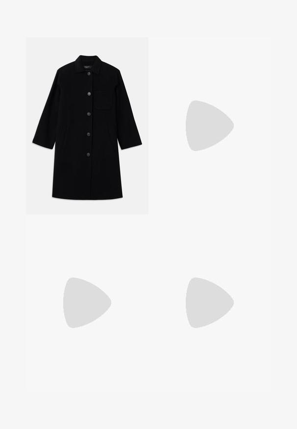 Black wool coat with a straight cut, button closure, and a single chest pocket. Features side pockets and three-quarter sleeves.; White ribbed short-sleeve top with a wide neckline. The texture features vertical stripes, emphasizing a snug fit and simple design.; Black denim jeans with a straight-leg cut, featuring a button fly, five pockets, and subtle stitching details. Smooth texture, classic design.; Black leather high heel shoe with a pointed toe and a round, balled heel. Smooth texture with a sleek, minimal design.