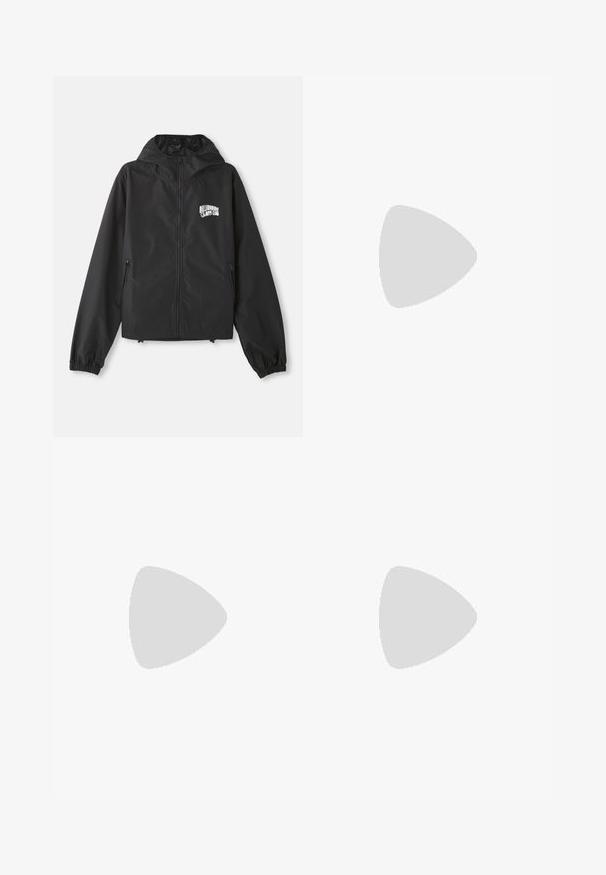 Black lightweight jacket with hood, long sleeves, front zipper, and elastic cuffs. Features white "Billionaire Boys Club" logo on chest.; Black cotton t-shirt with a crew neck and short sleeves. Features a small blue logo on the left chest. Simple, straight-cut design.; Denim shorts in dark blue with a straight cut, featuring classic five-pocket design, contrasting gold stitching, and a logo patch on the left side.; Black suede sneaker with lace-up design and contrasting white rubber sole. Features textured side panels and subtle branding on the heel.