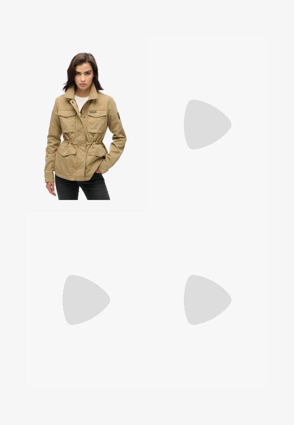 Beige utility jacket with a zip and snap closure, two chest pockets, drawstring waist, and green logo patch on sleeve. Woven cotton material.; Long-sleeve blouse featuring a geometric pattern in red, black, and cream, with a round neckline and a back keyhole detail. Made of lightweight fabric.; Navy blue, long-sleeve cable knit turtleneck dress with ribbed cuffs and hem, featuring a small logo on the chest.; Sport sneaker in light gray with silver accents, mesh upper, beige details, and black rubber outsole. Features laces and a padded collar.