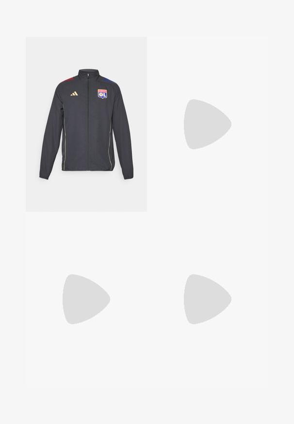 Crna sportska jakna s zlatnim detaljima, koja ima puni patentni zatvarač, visoki ovratnik i plave i crvene horizontalne pruge na ramenima. Logo Olympique Lyonnais.; Crna atletska majica kratkih rukava, s zlatnim detaljima i logom tima. Izrađena od glatkog, materijala koji upija vlagu.; Tamno sivi atletski hlače s zlatnim detaljima, koje imaju pojas, logotip i crvene i plave bočne detalje. Glatka tekstura tkanine.; Crne atletske cipele s teksturiranim mrežastim gornjim dijelom, bijelim naglasnim trakama, podstavljenim potplatom i ojačanim petom za podršku.