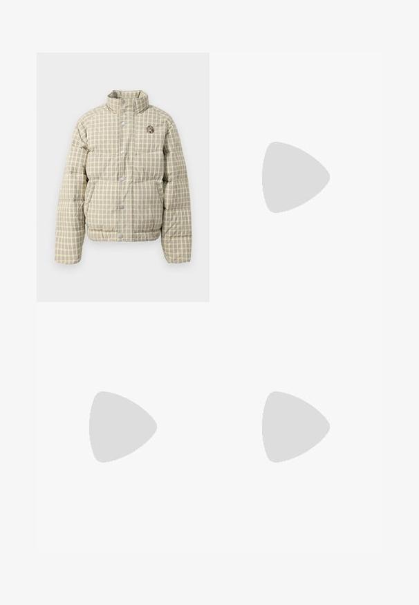 Padded jacket in light yellow and green check pattern, featuring a high collar, snap buttons, and a small embroidered logo on the chest.; White short-sleeve t-shirt made of cotton. Features a crew neck and a small black "Holzweiler" logo on the left side.; Beige straight-leg pants with belt loops, front button, and zip closure, displayed flat on a white background.; Navy blue suede low-top sneaker with white sole, navy laces, and "Filling Pieces" logo in gold on the side.
