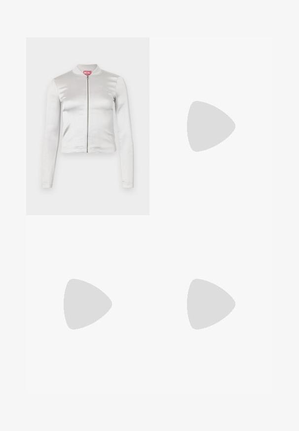 White satin zip-up jacket with long sleeves, fitted design, ribbed collar, and red logo detail at neck. Smooth texture with minimal sheen.; White cotton T-shirt, short sleeves, classic crew neck design, plain texture without patterns or accents, standard fit, simple and versatile.; Wide-leg jeans in dark gray denim with a faded finish, featuring a front pocket, metal button closure, and belt loops.; White leather sneakers with a thick white sole, black suede heel accent, and embossed logo on the side. Laced design with six eyelets.