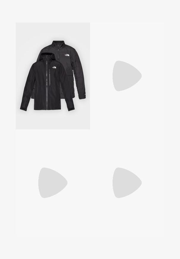 Mustat ulkoilutakit pinottuna: vettä hylkivä takki, jossa on huppu ja vetoketjulliset taskut, paksun eristetyn takin päällä, jossa on vaakasuorat ompeleet.; Vaaleanbeige puuvillapaita, jossa on pyöreä pääntie ja lyhyet hihat. Vasemmassa rinnassa on musta logo painettuna. Yksinkertainen, klassinen malli.; Mustat urheiluhousut, jotka on valmistettu kevyestä kankaasta. Housuissa on naru vyötäröllä, sivutaskut ja kapenevat hihnat nilkoissa.; Musta urheilukenkä, jossa on teksturoitu synteettinen päällinen, pehmustettu pohja ja nopea nauhoitusjärjestelmä. Varustettu vahvistetulla varpaalla ja kantapäällä.