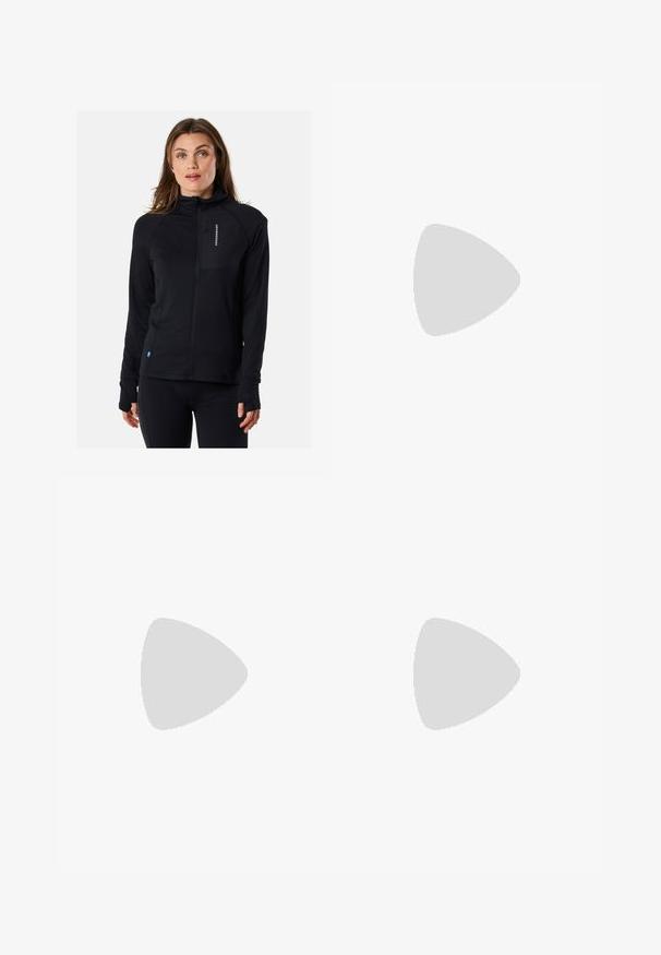 Zwarte zip-up jas met hoge kraag, getailleerd ontwerp en duimgaten. Voorzien van een ritszak op de borst. Gemaakt van zachte, rekbare stof.; Grijze sportshirt met een twee-dimensionaal mesh ontwerp, met een klein blauw en geel label dat een vlag toont aan de zijnaad.; Zwarte sportleggingen met een slim fit, gemaakt van rekbaar materiaal. Heeft een zijlogo en subtiele stiksel details.; Zwarte sportschoen met een textuur bovenwerk, meshpanelen en een gewatteerde zool. Voorzien van veters en een trekkraag aan de hiel voor gemakkelijk aan- en uittrekken.