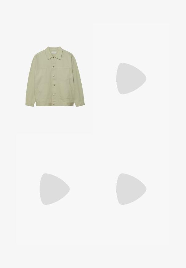 Light green, button-up jacket made of cotton. Features two front patch pockets and a classic collar. Textured fabric with a smooth finish.; White cotton t-shirt with short sleeves, round neckline, and a grey artistic graphic design on the left chest featuring abstract shapes.; Men’s straight-leg black denim jeans with five pockets and orange stitching, button and zip closure on front waistband.; Black sneaker with white sole floating above beige textured rug near round wooden table with stacked books.