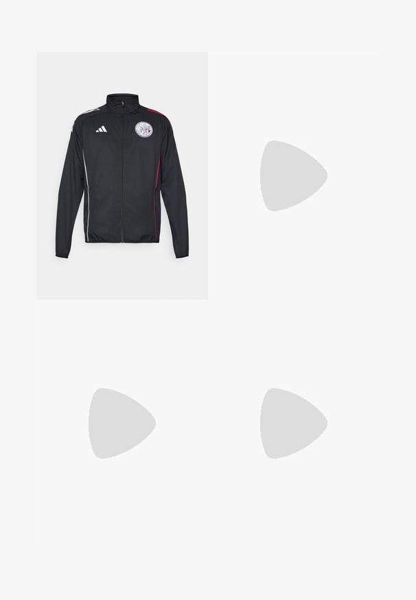 Schwarze Sportjacke aus leichtem Material, mit weißen und roten Akzenten, hohem Kragen, durchgehendem Reißverschluss und rundem Logo auf der Brust.; Weißes Sporttrikot mit schwarzen und roten Akzenten, kurzen Ärmeln und rundem Kragen. Enthält ein Logo auf der Vorderseite. Aus atmungsaktivem Material gefertigt.; Schwarze Sporthose mit schmalem Schnitt. Mit weißen und roten Seitenstreifen, einem elastischen Bund und einem gestickten Logo auf dem Oberschenkel.; Weiße Sportschuhe mit einem strukturierten Mesh-Obermaterial, einer stützenden gepolsterten Sohle und einem drei Streifen-Design an der Seite.
