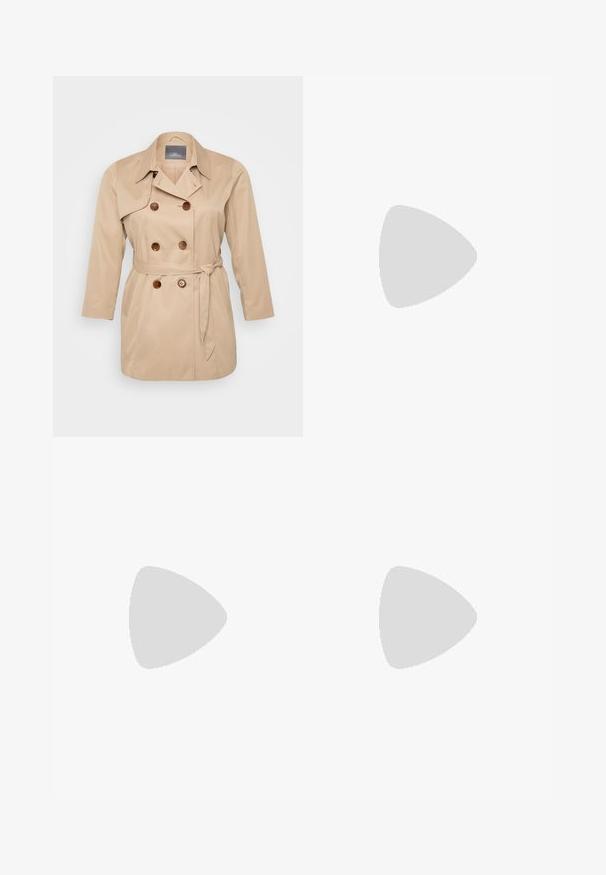 Beige trenchcoat med dobbeltradet design, store krager og brune knapper. Har en knyttet midje og lange ermer. Glatt tekstur.; Marineblå strikket genser med lange ermer, rund hals og strukturmønster over stoffet. Lite logo på brystet.; Mørkeblå flared jeans laget av denim, med mid-rise livhøyde, fem-lomme design, og falming ved lårene med sømdetaljer.; Sorte lerrets høy-top sneakers med hvite gummisulinger og snørebånd. Har et rundt logo på siden og kontrasterende hvite sting.