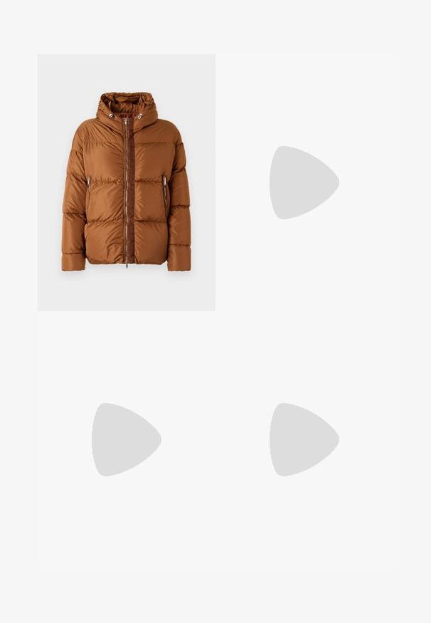 Iceberg PIUMINO - Down jacket - nocciola; White long-sleeve t-shirt made of cotton featuring black printed graphics on both sleeves and front, with ribbed cuff details.; Denim jeans in dark blue featuring an all-over repeated "ICECREAM" text pattern in a lighter shade. Straight leg cut with standard waistband.; White sneaker featuring a smooth leather upper, beige laces, and a textured beige suede heel tab. Elevated sole for added height.