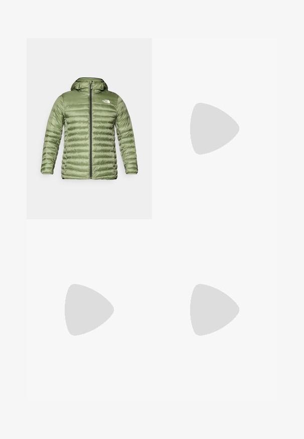 Olive green puffer jacket with a hood, featuring a quilted design, zipper closure, and logo accent on the upper left side.; Dark gray crew neck t-shirt made from soft fabric, featuring a chest pocket outlined in darker gray and a small blue logo on the pocket.; Black cargo pants made from a lightweight, water-resistant material; features elastic waistband, multiple zippered pockets, and tapered legs.; Black outdoor shoes with mesh and synthetic material, featuring a textured upper, secured lacing system, and a rugged outsole, on rocky terrain.