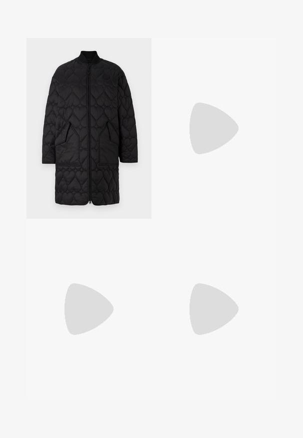Black quilted coat with heart-shaped patterns, zip front, ribbed collar, and two angled pockets. Smooth finish with stitched detailing.; Black knitted sweater featuring white graphic design with circular shapes and the letters "HGO." Ribbed cuffs and hem accentuate the structure.; High-waisted, straight-leg black denim jeans with five pockets, metal rivets, and tonal stitching. Smooth texture, minimalistic design.; Black leather loafers with a chunky platform sole. Rounded toe, front seam detail, and subtle stitching accents. Flat, textured outsole.