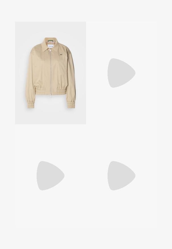 Beige cropped jacket made of lightweight fabric, featuring a full zipper, elasticated cuffs, and a subtle logo on the chest.; Striped t-shirt in white with thin olive green lines. Features a crew neck, short sleeves, and a small Lacoste logo on the chest.; Blue denim jeans with slight distressing, raw frayed hems, front pockets, belt loops, and a button closure.; Beige wedge sandals with two wide straps and a tapered heel. Made of smooth fabric with a textured sole. Logo embossed on the heel.