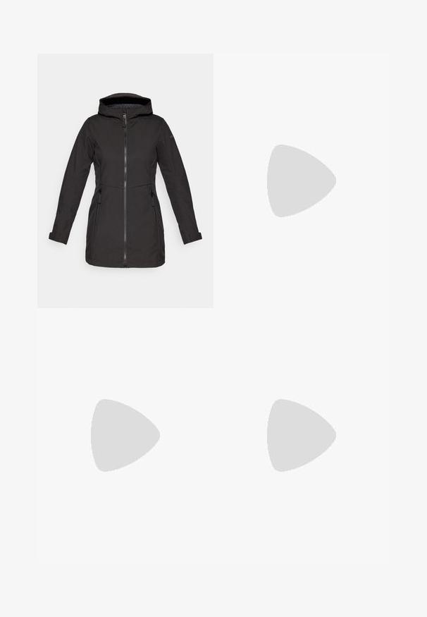 Icepeak ALAMOSA - Softshell dzseki - basic black; Hosszú ujjú fehér sportpóló cipzáros gallérral. Zökkenőmentes dizájn és testhezálló fazon jellemzi, amely alkalmas kültéri tevékenységekre.; Fekete, testhezálló nadrág rugalmas anyagból. Jellemzők: cipzáras oldalzseb, artikulált térdek és sima felület.; Fekete túracipő közepes magasságú kialakítással, texturált felsőrésszel, szürke részletekkel és strapabíró gumitalppal, amelynek tapadós kiemelkedései vannak.