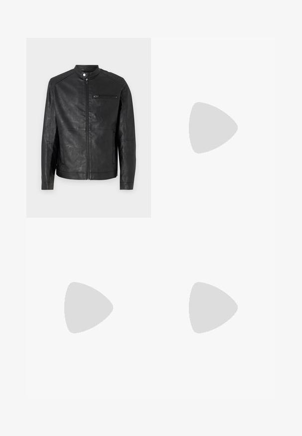 Sort læderjakke med ståkrave, frontlynlås og vandret stikninger på skuldrene. Har en lynlåslomme på brystet.; Olivengrøn bomuld T-shirt med stort sort Levi's-logo i en kontrasterende, halvcirkelformet bue hen over brystet. Almindelig pasform.; Mørkeblå slim-fit jeans med let slid på lårene og knæene, med forlommer, bæltestropper og knaplukning.; Sorte høje canvas sneakers med hvide gummisåler og snørebånd, prydet med et cirkulært logo på siden og parret med denim og sorte bukser.