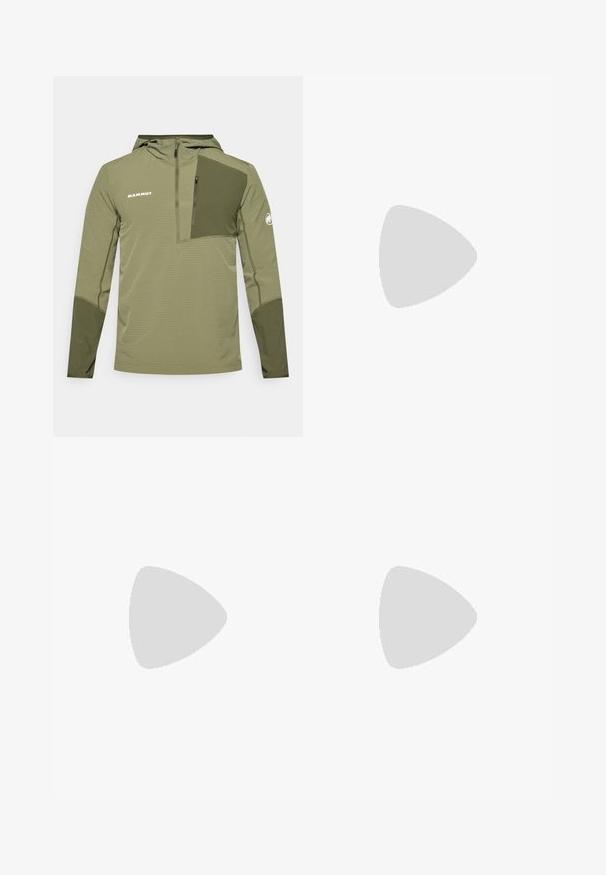 Mammut MADRIS LIGHT HALF ZIP HOODY MEN - Windbreakers - marsh/dark marsh; Langærmet grå skjorte i tekstureret stof, med en mørkegrå brystlomme og lynlås. Logo på lommen i hvid.; Grå udendørsbukser med en glat overflade, der har en lynlåslomme på siden, forstærkede knæsektioner og en subtil logo detalje.; Sorte sportssko med en tekstureret overdel, rund tå og fremtrædende gummisål. Har et logo på siden og røde detaljer på sålen.