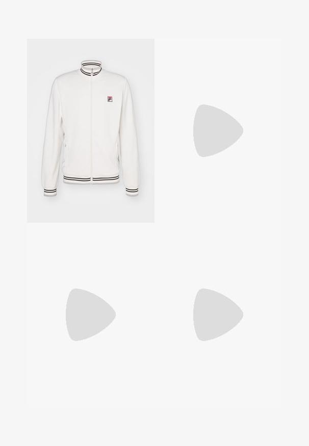 Fila JACKET BJÖRN - Sportinė striukė - white alyssum; Šviesiai pilkas medvilninis marškinėlis su trumpomis rankovėmis, apvaliu iškirpimu ir žaliu siuvinėjimu kairėje krūtinės pusėje. Minkšta tekstūra, kasdieniškas dizainas.; Balti sportiniai keliaraiščiai, pagaminti iš lygios medžiagos, su elastinga liemene ir priglundančiais rankogaliais, ant galinio kišenės yra juodas logotipas.; Juodas sportinis batai su baltais dryželiais, tinklinis viršus, paminkštintas padas ir tekstūruoti akcentai. Lengvas dizainas, skirtas pagerinti našumą.