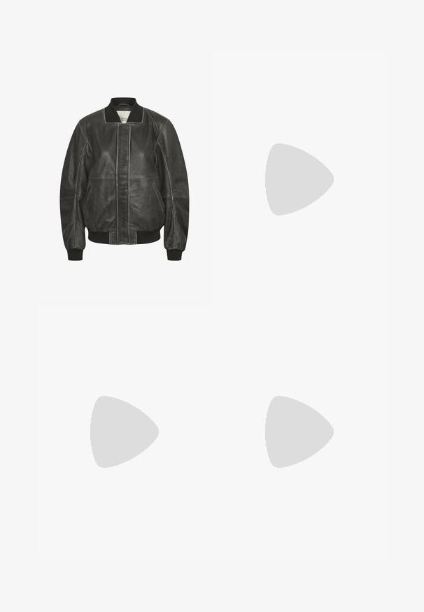 Black leather bomber jacket featuring a ribbed collar, elastic cuffs, and side pockets with stitched detailing on the front and sleeves.; White, sleeveless, ribbed knit dress with a fitted silhouette, reaching below the knees. Simple and minimalist design, without patterns or hardware.; Beige sneakers with textured cream panels and brown stripes, paired with blue denim jeans. The jeans have a wide leg and frayed hem.; Beige leather shoulder bag with a crescent shape, smooth texture, and a single curved handle. Features a zip closure and neat stitching.
