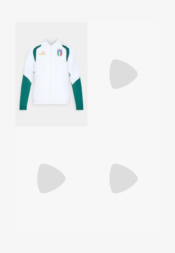 Casaco desportivo branco com detalhes em verde e dourado. Apresenta fecho de correr, mangas compridas e emblema "ITALIA" no peito.; T-shirt branca de mangas curtas com um padrão discreto de diamantes, feita de tecido leve, com o logótipo preto da adidas no peito.; Calças de desporto pretas com cintura elástica, cordão, tornozelos com punho e um pequeno logótipo branco na coxa direita.; Shoe atlético branco com parte superior em malha texturizada, riscas pretas, fecho de atacadores e sola almofadada, a flutuar acima de uma superfície de estrada marcada.