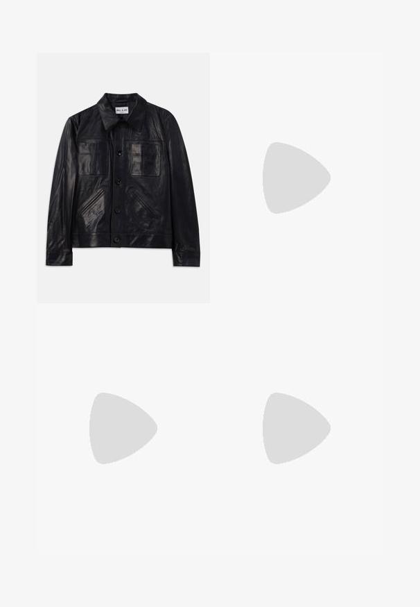 Must musta nupuvärvi nööbiga jakk terava kraega, kahe rinna küljetasku ja kahe diagonaalse küljetaskuga.; Heledadise polo-sweater heled kollases, pehmeast kudumist, klassikalise kraega ja kolme nööbiga sulgemisega placketiga.; Hallidehased hallid püksid tekstureeritud kangast, millel on kaks eesmist voldi ja sirge sääre disain. Pole nähtavaid taskuid ega kaunistusi.; Mustad mustad nahast loafers, millel on voolujooneline disain, ümar varvas ja madal virnatud konts. Ülemisel osal on dekoratiivne õmblusdetail.