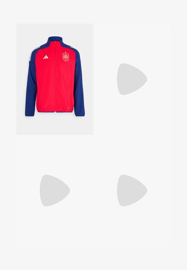 Chaqueta deportiva roja y azul con cremallera completa, cuello alto, rayas blancas en los hombros y emblema dorado de España y logo de Adidas en el frente.; Camiseta deportiva de manga larga blanca, fabricada con material suave, que presenta un logo negro de Adidas en el pecho; diseño de cuello en V y forma ajustada.; Pantalones deportivos negros con un ajuste relajado, que cuentan con franjas laterales blancas, una cintura con cordón y dos bolsillos laterales. Hechos de tela suave.; Zapatillas deportivas blancas con una parte superior de malla texturizada, suela acolchada y soporte, y un diseño de tres rayas en el lateral.