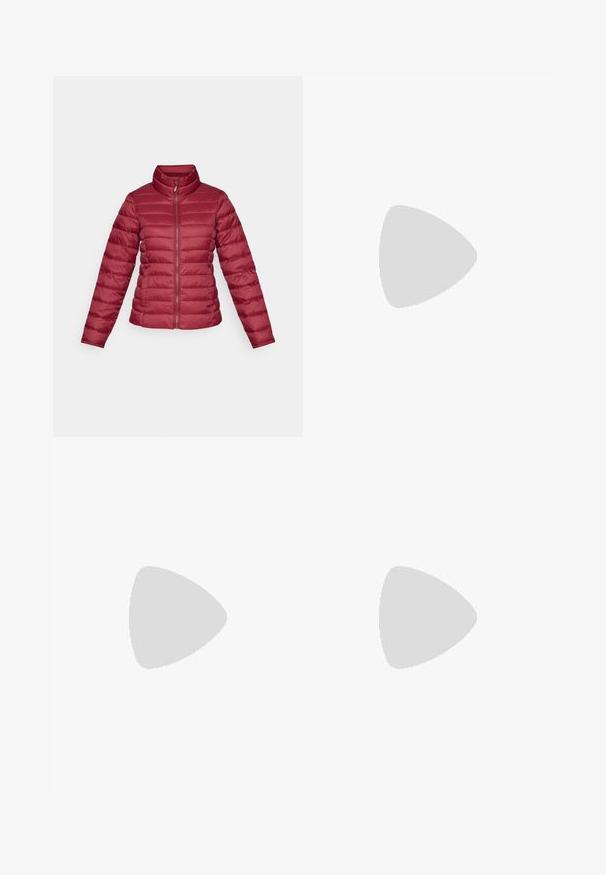 Red puffer jacket with a high collar, long sleeves, and a front zipper. Horizontal quilted design with a smooth, lightweight texture.; Black sleeveless tank top made of soft cotton, featuring a subtle embossed logo in the center, and a red branded label in the neckline.; Black high-waisted jeans made from denim, featuring a straight leg design, front pockets, a zip fly, and a metal button closure.; Black leather lace-up boot with thick treaded sole and yellow stitching, suspended against a yellow circular background.