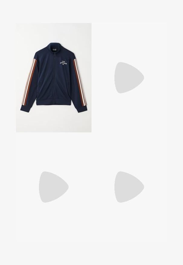 Navy zip-up track jacket made of smooth fabric, featuring brown and white striped accents on sleeves and "MILANO GYMNASIUM" text.; White cotton t-shirt with a crew neckline and short sleeves, featuring a relaxed fit and minimalistic design. Tag visible at the neck.; Brown plaid skirt featuring a pleated design, orange accents, and a side pocket. Made of textured material with a fitted waist.; Black leather ballet flat with a rounded toe, smooth texture, minimal stitching detail, and a flexible sole design.