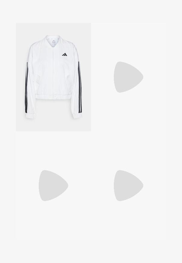 Fehér bomberdzseki, elöl cipzárral, két oldalsó zsebbel, elasztikus mandzsettákkal és fekete csíkokkal az ujjak mentén, egy kis fekete logóval.; Rövid ujjú sport póló, sötétszürke perforált textúrával. Fehér logóval és kontrasztos oldalsávokkal rendelkezik. Kerek nyakkal.; Fekete sportos rövidnadrág réteges dizájnnal, könnyű anyagból készült. Rugalmas derékpánttal és egy kis fehér logóval rendelkezik az oldalon.; Fekete sportcipő fehér csíkokkal, hálós felsőrésszel, párnázott talppal és karcsú kialakítással. Szürke hangsúlyok a sarokrészen és a nyelvén.