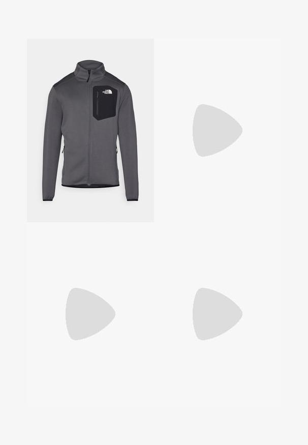 Graue Fleecejacke mit hohem Kragen, Reißverschluss vorne und schwarzer Brusttasche. Sie verfügt über elastische Bündchen und seitliche Reißverschlüsse zur Anpassung.; Langärmliges schwarzes Performance-T-Shirt aus leichtem Stoff, mit einem weißen Logo auf der oberen linken Brust. Glatte Textur.; The North Face WINTER EXPLORATION TAPERED CARGO  - Outdoor-Hose - black; Schwarzer Sportschuh mit Mesh-Obermaterial, Gummisohle und gepolstertem Schaft. Verfügt über Schnürsenkel, Logo an der Seite und ein strukturiertes Design.