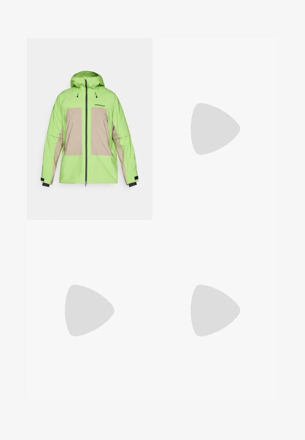 Chaqueta impermeable verde y beige con capucha, que cuenta con un cierre frontal, cuerdas ajustables y dos grandes bolsillos frontales.; The North Face BOX TEE - Camiseta deportiva - black; The North Face MOUNTAIN ATHLETICS WIND PANT - Pantalones montañeros largos - black; The North Face OFFTRAIL VERSA - Zapatillas de senderismo - black/white