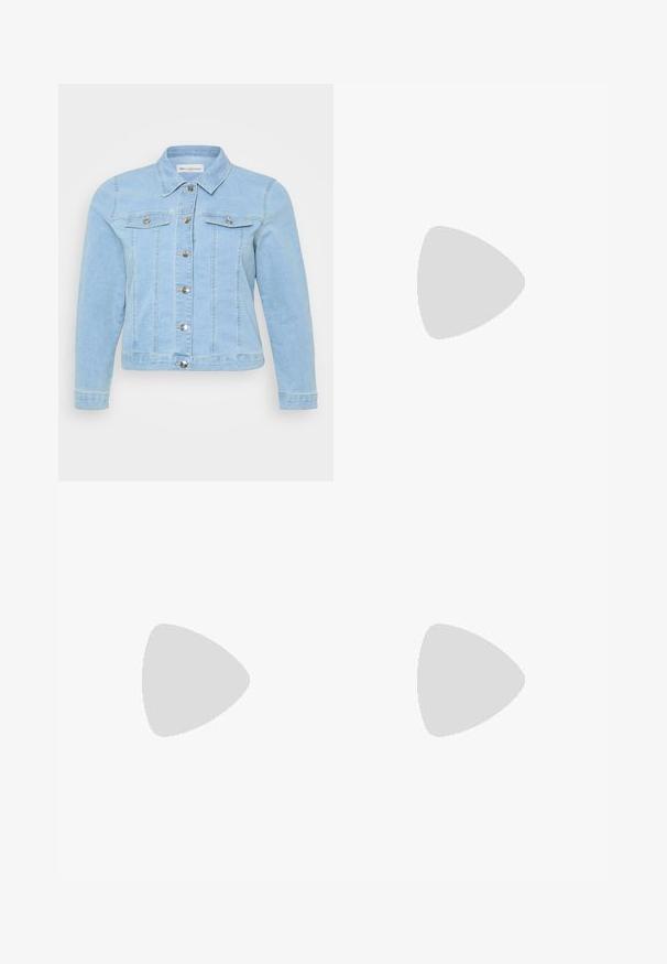 Jachetă din denim de un albastru deschis, cu mâneci lungi, guler clasic, închidere frontală cu nasturi și două buzunare pe piept cu clapete cu nasturi. Textură netedă.; Tricou negru din bumbac cu mâneci scurte, având pe partea stângă a pieptului un mic grafic cu un fluture roz. Design cu guler rotund și croială lejeră.; Pantaloni negri, ușori, cu un brâu elastic și tivuri strânse. Materialul este neted și are un design relaxat, conic.; Pantofi cu talpă plată din piele neagră, cu toc gros, vârf rotund și design tradițional cu șireturi. Prezintă o textură netedă și detalii minime.; Geantă bej din material moale, cu un design lejer, detalii cusute și două bretele pentru umăr. Potrivită pentru utilizarea zilnică.