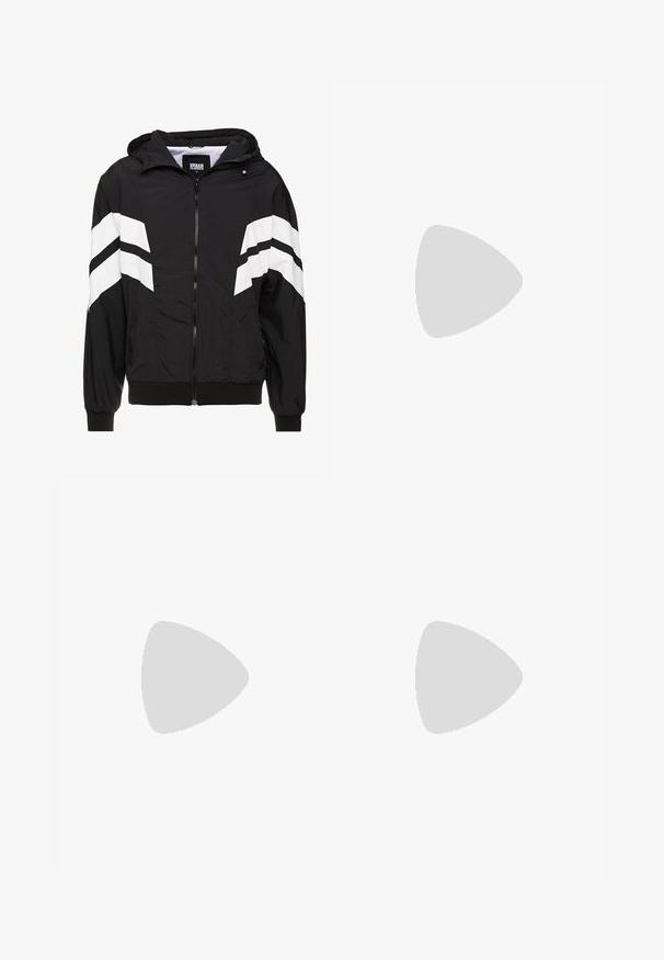 Čierna vetrovka s bielymi diagonálnymi pruhmi, so zipsom, kapucňou, elastickými manžetami a pevným čiernym lemom. Materiál sa zdá byť ľahký.; Žlté bavlnené tričko s okrúhlym výstrihom a krátkymi rukávmi, so šprintovaným čiernym textom "Reternity" a číslom "18" s dekoratívnym akcentom.; Čierne nohavice s plisovaným predným dizajnom, vyrobené z hladkej látky. Majú zapínanie na gombík a pútka na opasok; rovný strih.; Čierne semišové tenisky s bielymi šnúrkami a tromi bielymi pruhmi. Obsahujú kruhové čierne logo na jazyku a gumovú podrážku.