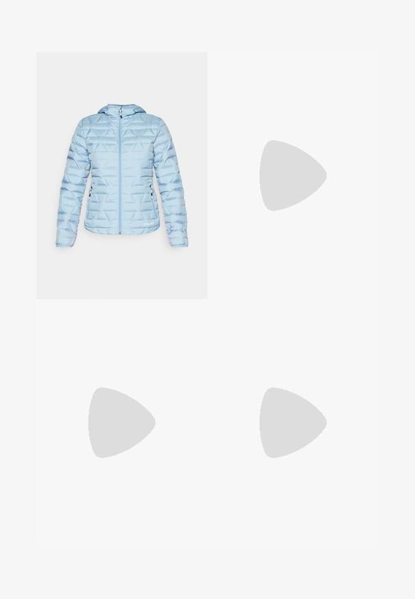 Spyder ZENITH HOODED JACKET - Dūnu jaka - blue drift; Gaiši zils īsām piedurknēm T-krekls, izgatavots no mīksta auduma, ar apaļu dekoltē un mazu baltu logo uz krūšu daļas. Redzamas šuvju detaļas.; Melnas sporta šortus ar elastīgu jostu, ar slāņotu dizainu un mazu balto Nike logo apakšējā kreisajā stūrī. Viegls materiāls.; Melnas Nike skriešanas kurpes ar elpojošu acs augšdaļu, baltu Swoosh logotipu, strukturētu apdari un krēmkrāsas ZoomX starpsole.