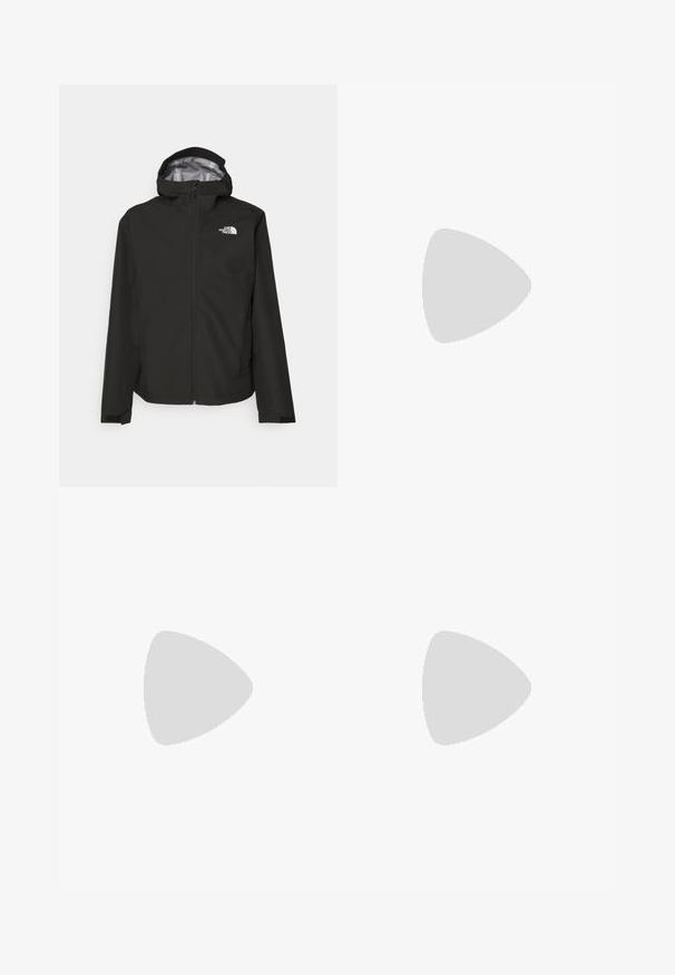 The North Face WHITON JACKET - Chaqueta Hard shell - black; Camiseta negra de manga corta, hecha de algodón, con un cuello redondo y un pequeño logo blanco en la parte superior izquierda del pecho.; The North Face HORIZON PANT - Pantalones montañeros largos - black; Zapatilla de trail running negra con upper texturizado, suela de goma y puntera reforzada. Presenta un collar acolchado y una lengüeta para poner y quitar fácilmente.