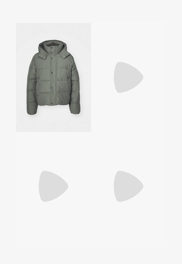 Green puffer jacket with a hood, made of quilted fabric. Features snap buttons, side pockets, and a textured finish.; White cotton t-shirt with short sleeves and a crew neck. Centered text reads "WELCOME TO PARADISE" in a curved green font.; Brown tailored trousers with flat front, button closure, and straight-leg design. Made from a smooth fabric, featuring subtle crease detailing.; White slip-on sneakers with a textured surface, a thick sole, and minimalistic design. Features brand logo on the side.