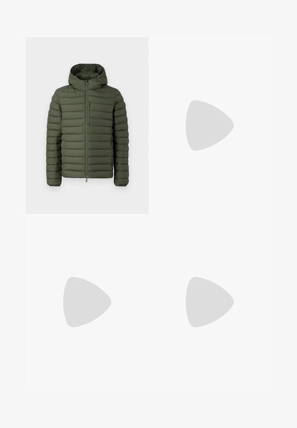 Padded olive-green jacket with a hood, featuring horizontal quilted design, a front zip closure, and a zippered chest pocket.; Long-sleeved white cotton shirt with a round neckline, side slits at the bottom, and a smooth texture, displayed from the back.; Light blue denim jeans with a straight-leg design, five pockets, button closure, minimal fading, and contrasting stitching details.; White sneaker with a smooth leather upper and a low profile. Features a rounded toe, six eyelets, and a textured rubber sole.