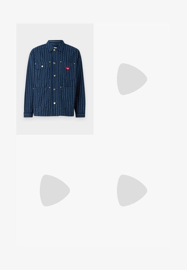 Navy button-up jacket with vertical white stripes, two chest pockets, gold buttons, and a red heart logo patch on the right pocket.; White T-shirt made of cotton, featuring a black round neckline and three black stripes on each shoulder. Small black logo on the chest.; White cotton cargo pants with a relaxed fit. Features include front pockets, gold hardware accents, and reinforced knee sections.; adidas Performance PREDATOR FREESTYLE JUDE INDOOR FOOTBALL SHOES - Indoor football boots - core black/silver-coloured/glory blue