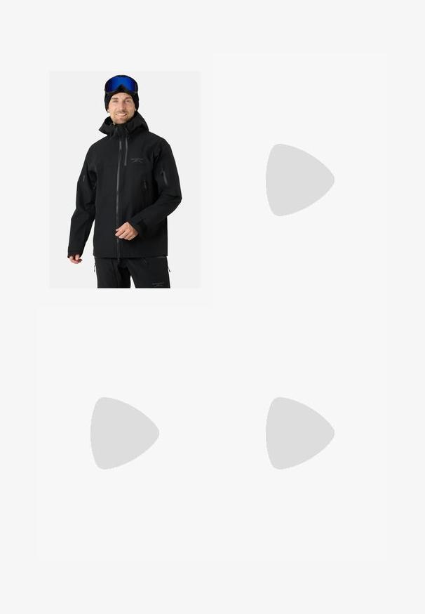 Giacca da sci nera impermeabile con colletto alto, polsini regolabili, molteplici tasche con zip e un logo sul petto. Include un cappuccio.; Maglietta sportiva nera a maniche corte con tessuto testurizzato, caratterizzata da un logo bianco sul lato sinistro del petto e orlo dritto.; The North Face HORIZON PANT - Pantaloni outdoor - black; Scarpa sportiva nera con tomaia in rete, suola in gomma e collarino imbottito. Presenta lacci, un logo sul lato e un design testurizzato.