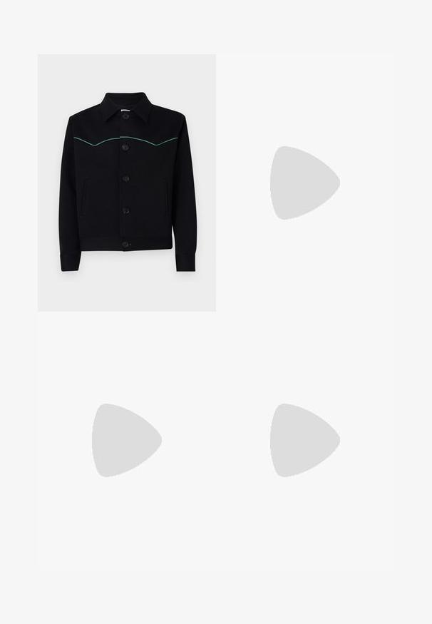 Black jacket made of smooth fabric, featuring a collared neckline, turquoise stitching across the chest, and front button closures.; White long-sleeve button-up shirt made of cotton, featuring a chest pocket with tonal embroidery, a collar, and button cuffs.; Black linen shorts with a drawstring waist, featuring a relaxed fit and knee-length design. Smooth texture, simple and classic style.; Black leather loafers with a smooth texture, rounded toe, and a decorative strap across the vamp. Low stacked heel, minimalist design.; Tote bag in light beige fabric with a textured finish, featuring two contrasting brown leather handles and metal accents at the top.