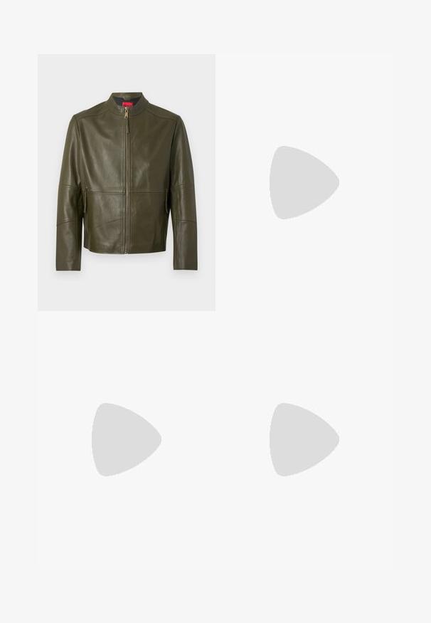 Olive green leather jacket with a high collar, front zip closure, and two zippered side pockets. Smooth texture with stitched detailing.; Black cotton t-shirt with a round neckline and short sleeves. Features a loose fit and a simple design without patterns or accents.; Black jogger pants made of smooth fabric. Feature an elastic waistband with a drawstring, tapered legs, and no visible pockets. Simple design.; Black leather slip-on loafers with a textured finish and a contrasting beige rubber sole. Features a subtle accent along the front.