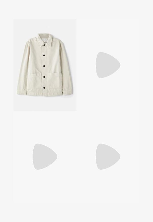 Light beige button-up jacket in durable cotton with a fold-down collar, two front pockets, and six black buttons. Smooth texture.; Gray short-sleeve T-shirt made from soft, textured fabric. Features a classic crew neck and a straight hem, suitable for casual wear.; Navy pants with a relaxed fit, featuring a drawstring waist and side pockets. Smooth fabric with subtle front pleats and logo detail.; White leather sneaker with a smooth finish, round toe, flat laces, and a textured sole. Features a subtle logo on the heel.