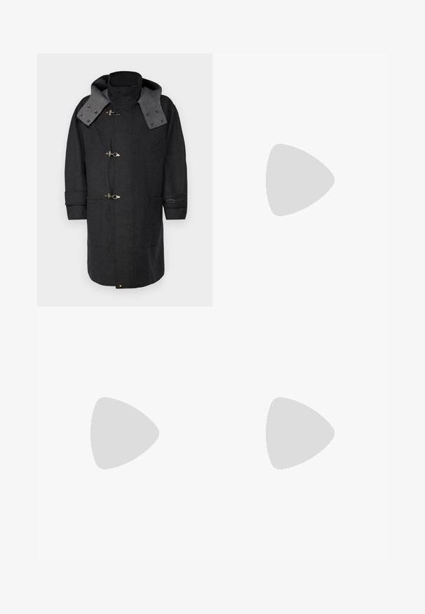 Iceberg GIUBBOTTO  - Klassischer Mantel - piombo; Schwarzes Baumwoll-T-Shirt mit Rundhalsausschnitt, kurzen Ärmeln und einem kleinen weißen "TIGER OF SWEDEN"-Logo auf der Brust. Klassischer Schnitt.; Schwarze Hose aus leichtem, strukturiertem Stoff, mit geradem Bein, elastischem Bund und seitlichen Reißverschlusstaschen.; Schwarze Wildleder-Sneaker mit einer weißen Gummisohle, die sich durch elegante Nähte und ein schnürbares Design auszeichnen. Glatte Textur mit einer modernen, stromlinienförmigen Form.