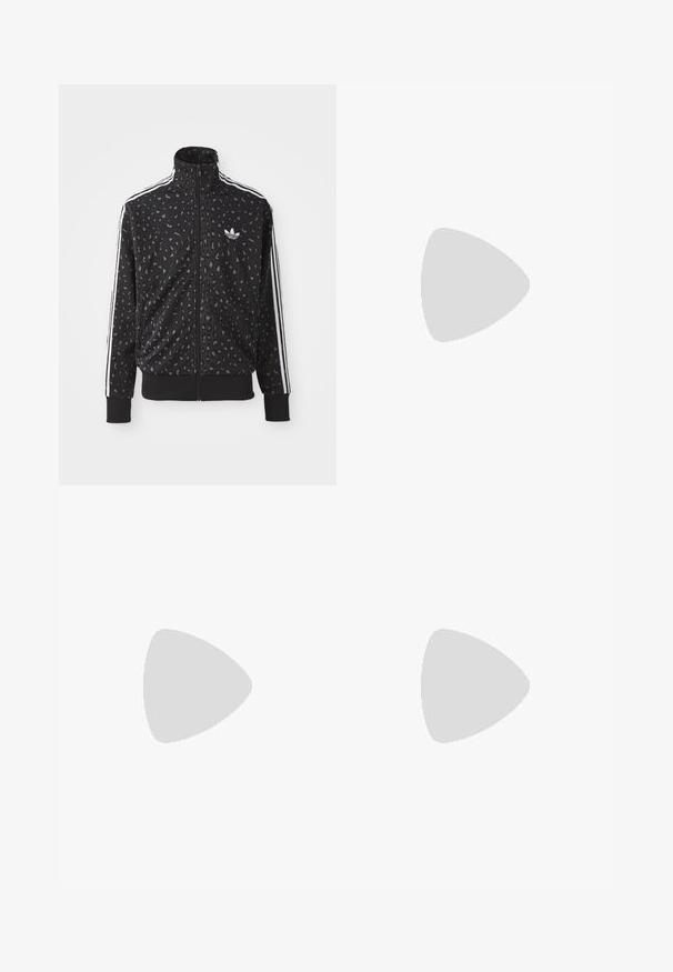 Black zip-up jacket featuring a leopard print texture, white stripes along the shoulders, and a small white logo on the chest.; Three white ribbed tank tops made of cotton. Features a crew neck and small black labels near the hem. Available in multiple sizes.; Black athletic pants with an elastic waistband, made of smooth fabric, featuring subtle side stitching and a relaxed fit, straight leg design.; Black sneakers with a suede and synthetic upper, featuring three white stripes, textured rubber sole, and blue logo tag on the tongue.
