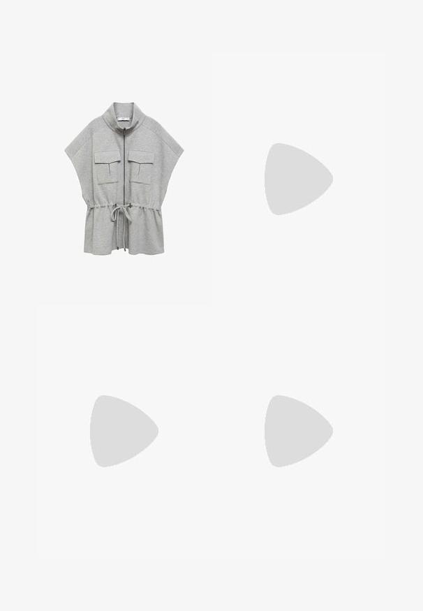 Veste grise zippée avec un col montant, des manches courtes, deux poches avant et une taille cintrée. Tissu doux et texturé.; Deux hauts sans manches en maille côtelée, en noir et blanc, dotés d'un design ajusté et d'une texture lisse, avec une longueur courte.; Pantalons larges noirs en tissu léger, avec une fermeture à bouton à l'avant et un devant plat, dotés d'ourlets soigneusement cousus.; Baskets avec une tige en cuir blanc, un bout en daim gris et trois bandes noires. Présente un logo bleu sur la languette et une semelle en caoutchouc texturée.