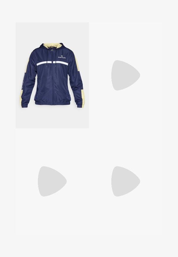 Navy windbreaker jacket with a yellow hood and sleeves. Features white stripes across the chest. Zip closure, adjustable drawstring hood.; Light yellow cotton t-shirt with short sleeves, round neckline, and a small black logo on the chest. Soft texture and relaxed fit.; Navy blue athletic pants made of lightweight material, featuring an elastic waistband and tapered cuffs with a small logo detail on the side.; Black athletic shoe featuring a textured upper, three horizontal stripes, and a white sole with a patterned tread. Lightweight and streamlined design.