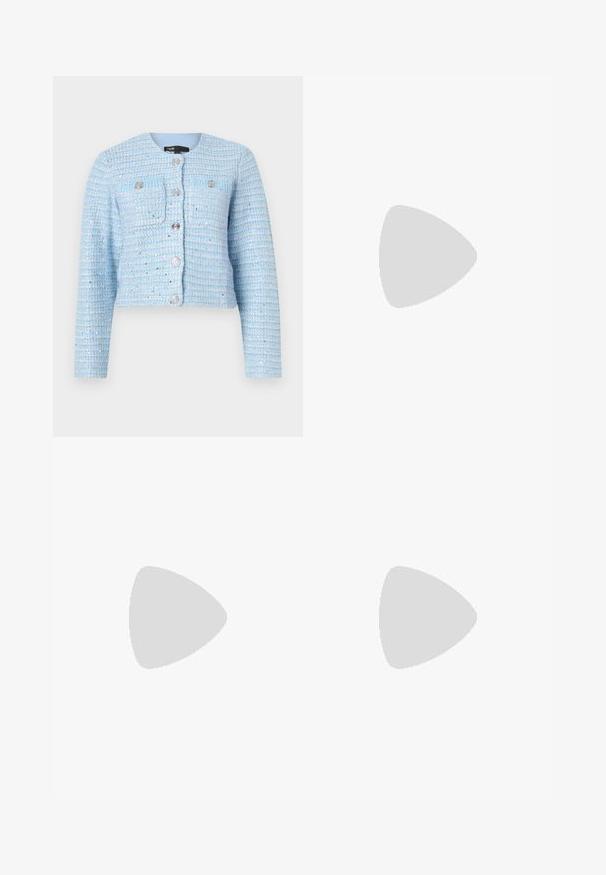 Blue tweed cropped jacket with long sleeves, round neckline, front patch pockets, and silver button closures. Textured fabric with horizontal stripes.; Black short-sleeve dress with a collared neck, button placket, and a straight silhouette. Made of lightweight fabric with a smooth texture.; Black leather slingback shoe with pointed toe, small heel, and decorative buckle detail on the upper. Smooth texture, minimalistic design.; Black leather clutch bag with a gold chain strap, featuring a smooth texture, rectangular shape, and embossed branding on the front.