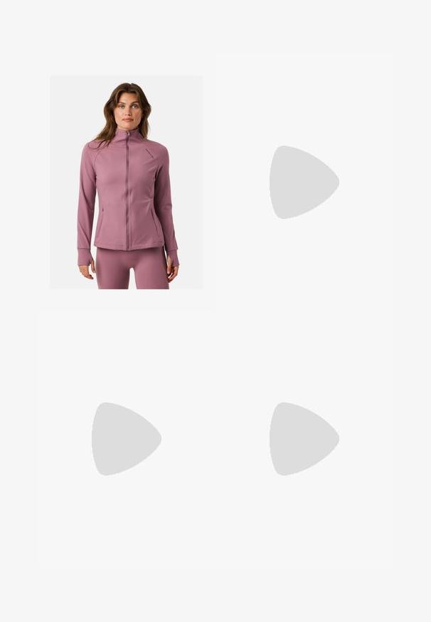 Long-sleeve athletic jacket in soft, pastel pink fabric. Features a high collar, full zipper, and zippered pockets. Smooth texture.; Black long-sleeve t-shirt made of cotton with a round neck. Features a small white logo on the left chest area. Simple design and fit.; Black nylon zip-off cargo trousers with adjustable cuffs, multiple pockets, and a logo on the right leg. Smooth, lightweight texture.; Beige and cream athletic shoe with textured mesh upper, supportive overlays, and rubber outsole featuring a tread pattern for traction.
