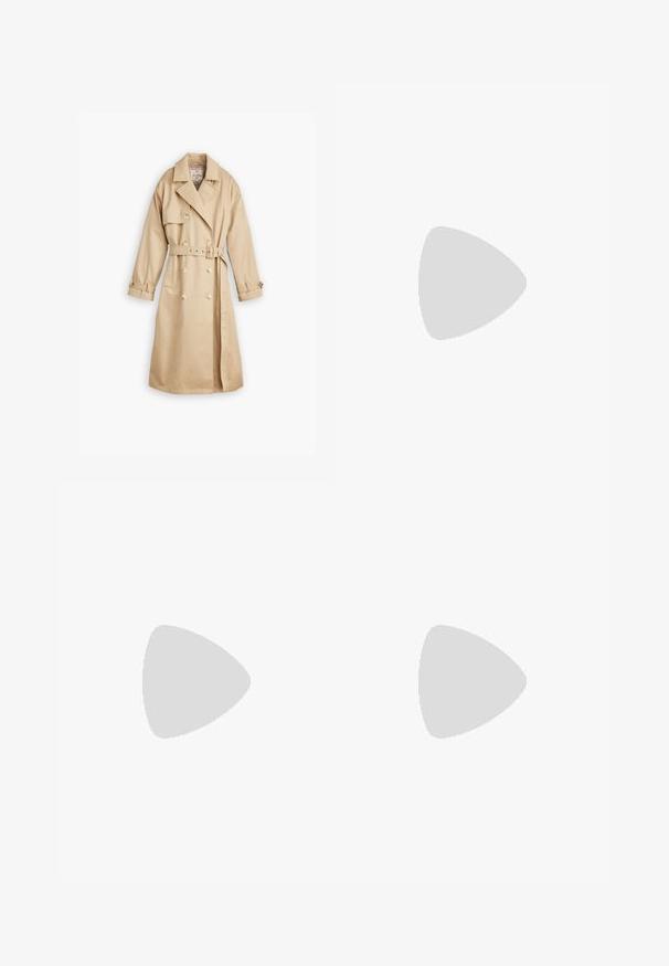 Trench coat beige con un design doppiopetto, grandi revers e vita con cinturino. Caratterizzato da dettagli con bottoni e maniche lunghe.; Tre magliette senza maniche in blu, nero e bianco. Il tessuto è a coste con un colletto rotondo. Ogni maglietta ha un'etichetta con la scritta "even&odd."; Gonna maxi in pizzo bianca con motivi floreali blu. L'orlo scallopato e il design testurizzato aggiungono dettagli al tessuto.; Stivali in pelle beige alti fino al ginocchio con un design morbido, punta affusolata e un modesto tacco a kitten. Texture liscia con dettagli di cucitura minimi.; Occhiali da vista in metallo dorato con lenti ovali, bracci sottili e nasalini trasparenti. Presentano sottili dettagli sulle cerniere e lenti trasparenti.
